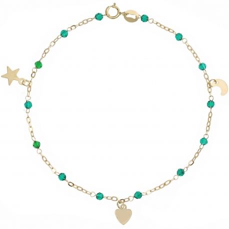 Bracciale Pendenti Cuore, Luna e Stelle in Oro Giallo 18k con Spinelli Verdi