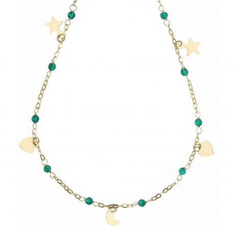 Collares Colgante Luna, Estrella y Corazón en Oro Amarillo 18k con Brujas Verdes