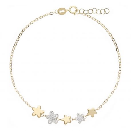 Bracelet avec fleurs alternées avec résine et Zirconia blanche en or jaune 18k