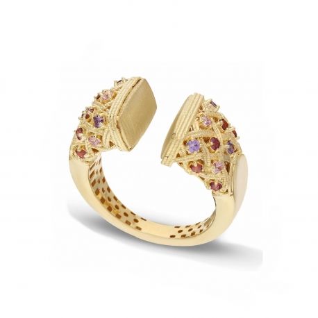 18k geel goud ring met purper, roze, fuchsia en rode cirkels