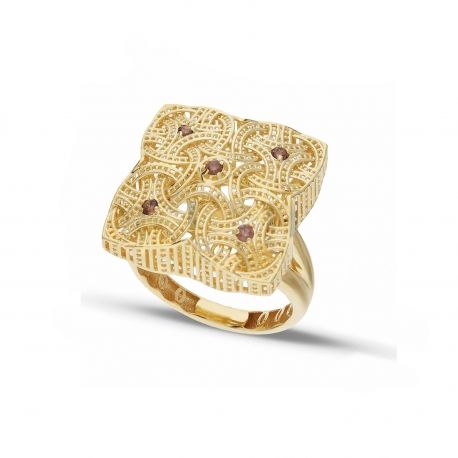 Forma Fantasia Anillo Amarillo Gold Square 18 Carats con Zirconi Brown