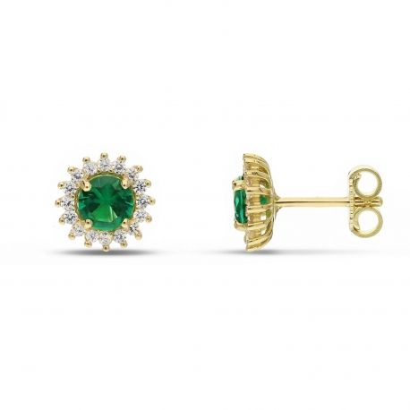 Pendientes redondos con piedras verdes y oro blanco 18k