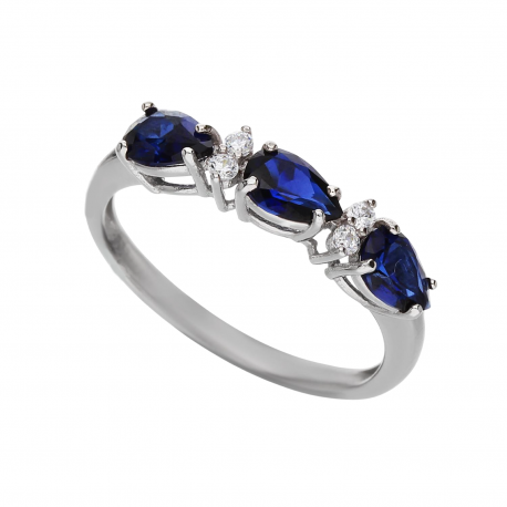 Trilogie ring met blauwe en witte stenen in 18k witgoud