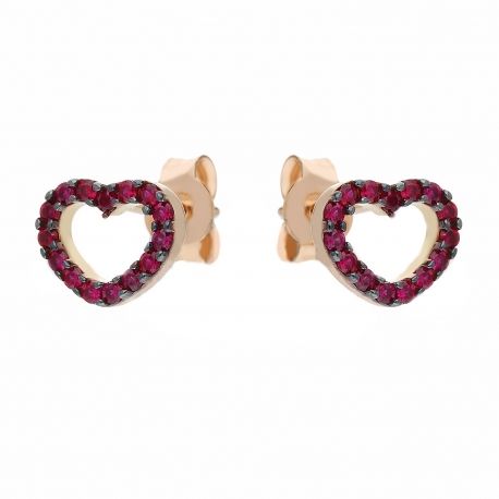 Orecchini a Lobo a Forma di Cuore in Oro Rosa 18k con Zirconi Rossi