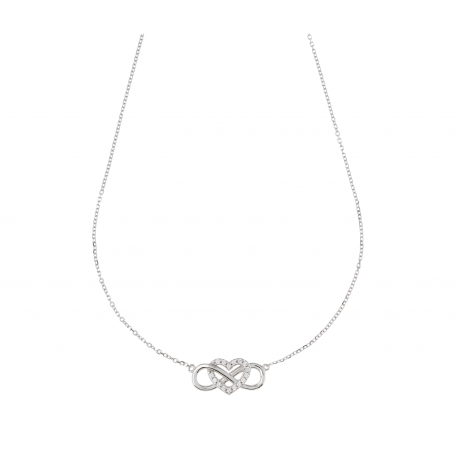 Heart and Infinity Necklace Intertwined with White Zircons in 18k White Gold