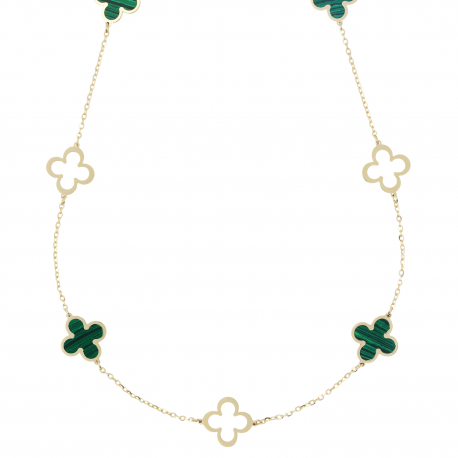 Collana Quadrifogli con Malachite e Traforati in Oro Giallo 18k