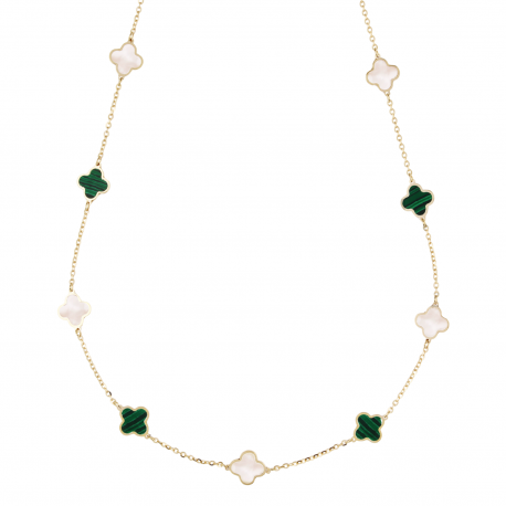 18k Yellow Gold Malachite and Mother of Pearl Four Leaf Clover Necklace