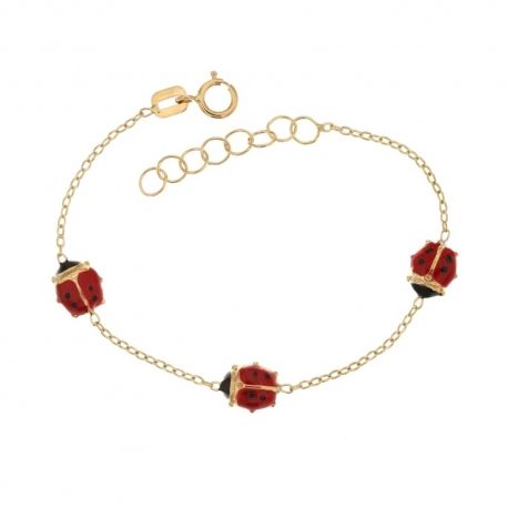 Bracelet en or jaune 18 kt 750/1000 avec coccinelles émaillées pour fille