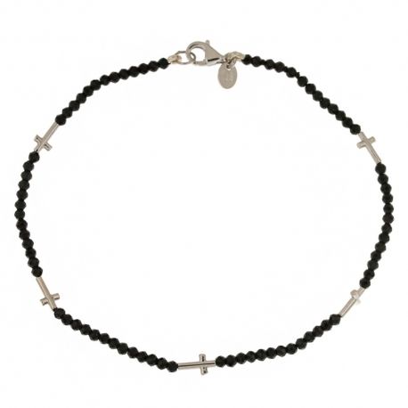 Bracelet en or 18 kt 750/1000 avec pierres noires facettées et croix unisexes